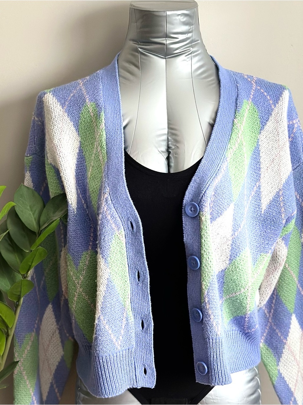 2 for $20 Noisy May Lavender Argyle Button-Front Cardigan with Green and Cream - Picture 3 of 8